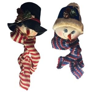 Pair Vintage Cracker Barrel Snowmen Ornaments With Painted Faces Hats Scarves 7"